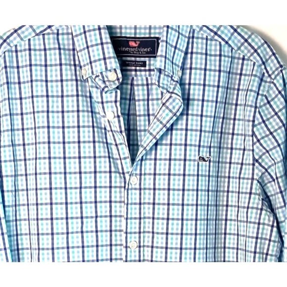 Vineyard Vines Poplin Tattersall Whale Shirt Blue Check Cotton Men’s Small S - Picture 4 of 5